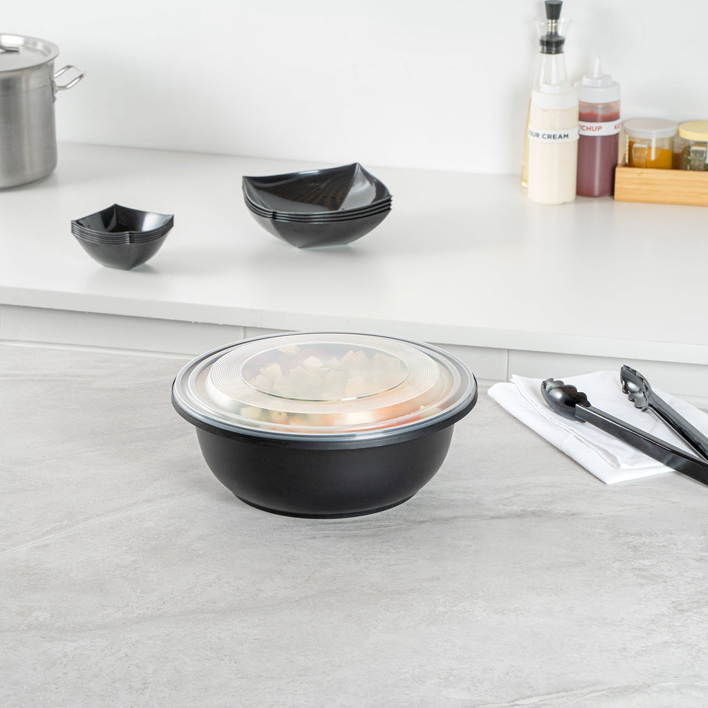 Cater Tek 169 oz Round Black Catering / Serving Bowl - with Clear Lid, Microwavable - 11 3/4" x 11 3/4" x 4 1/2" - 25 count box