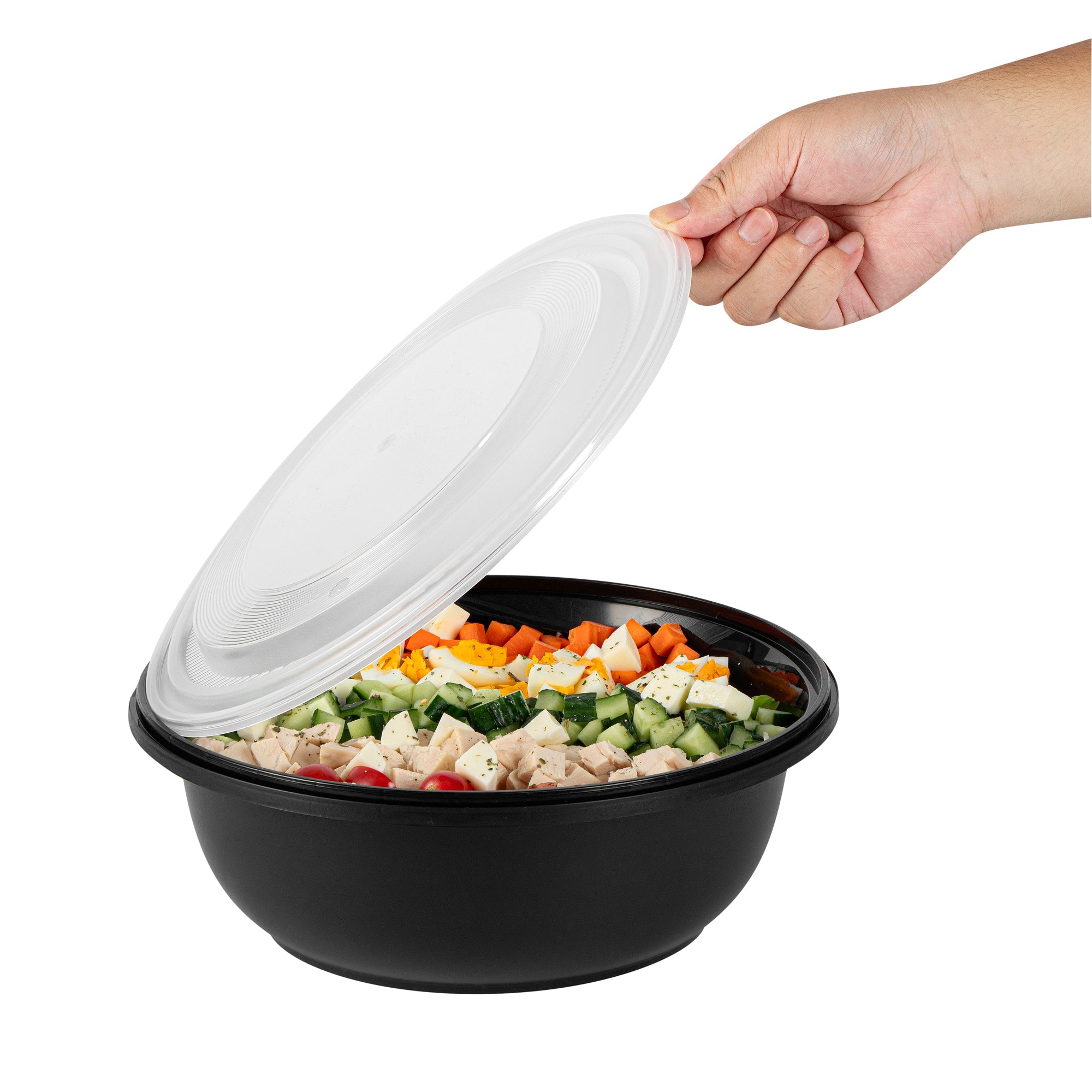 Cater Tek 169 oz Round Black Catering / Serving Bowl - with Clear Lid, Microwavable - 11 3/4" x 11 3/4" x 4 1/2" - 25 count box