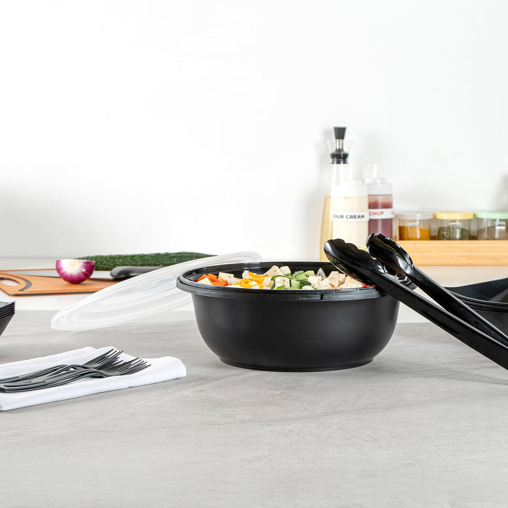 Cater Tek 169 oz Round Black Catering / Serving Bowl - with Clear Lid, Microwavable - 11 3/4" x 11 3/4" x 4 1/2" - 25 count box