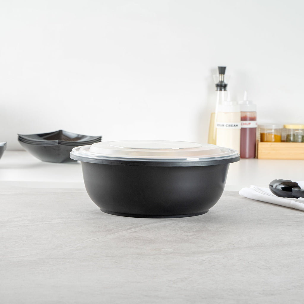 Cater Tek 169 oz Round Black Catering / Serving Bowl - with Clear Lid, Microwavable - 11 3/4" x 11 3/4" x 4 1/2" - 50 count box