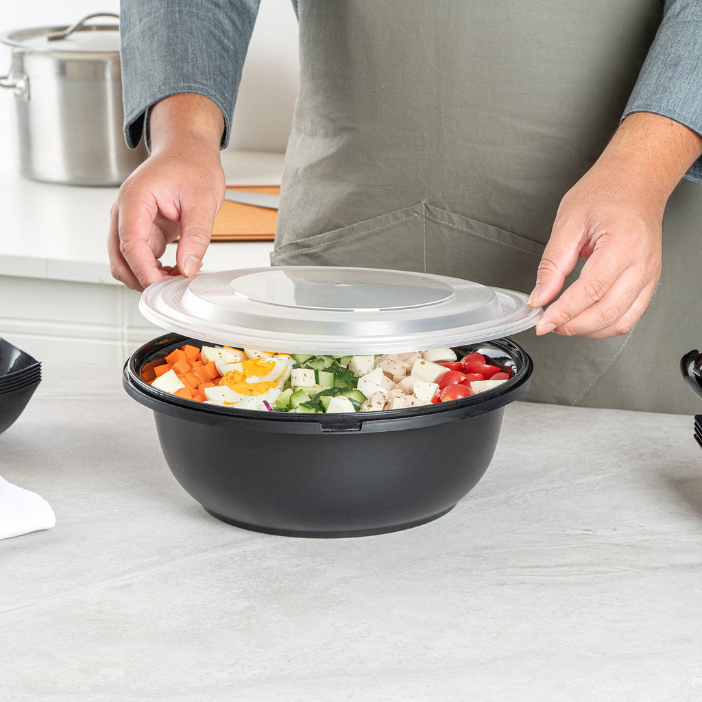 Cater Tek 169 oz Round Black Catering / Serving Bowl - with Clear Lid, Microwavable - 11 3/4" x 11 3/4" x 4 1/2" - 50 count box