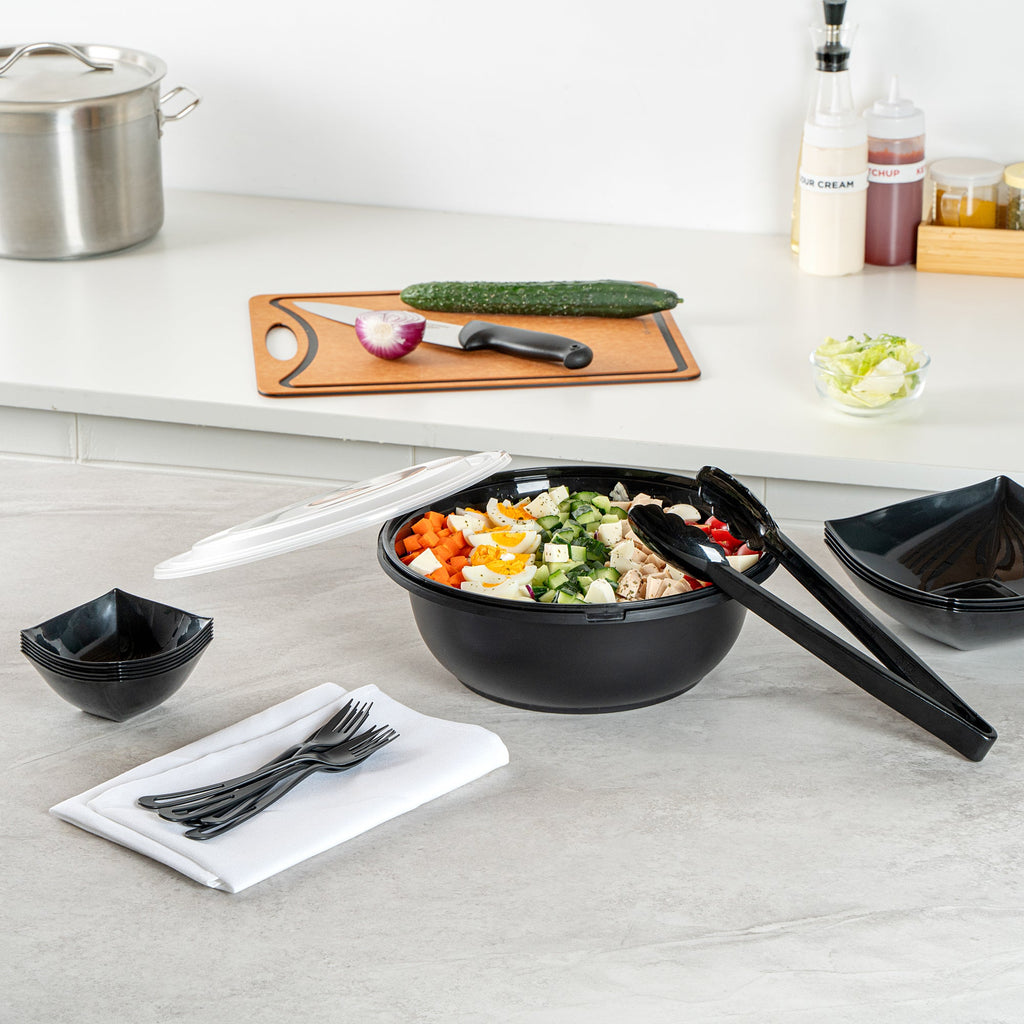 Cater Tek 169 oz Round Black Catering / Serving Bowl - with Clear Lid, Microwavable - 11 3/4" x 11 3/4" x 4 1/2" - 50 count box