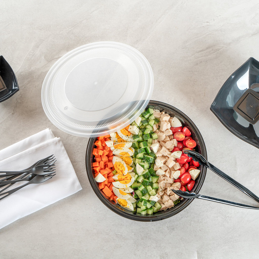 Cater Tek 169 oz Round Black Catering / Serving Bowl - with Clear Lid, Microwavable - 11 3/4" x 11 3/4" x 4 1/2" - 50 count box