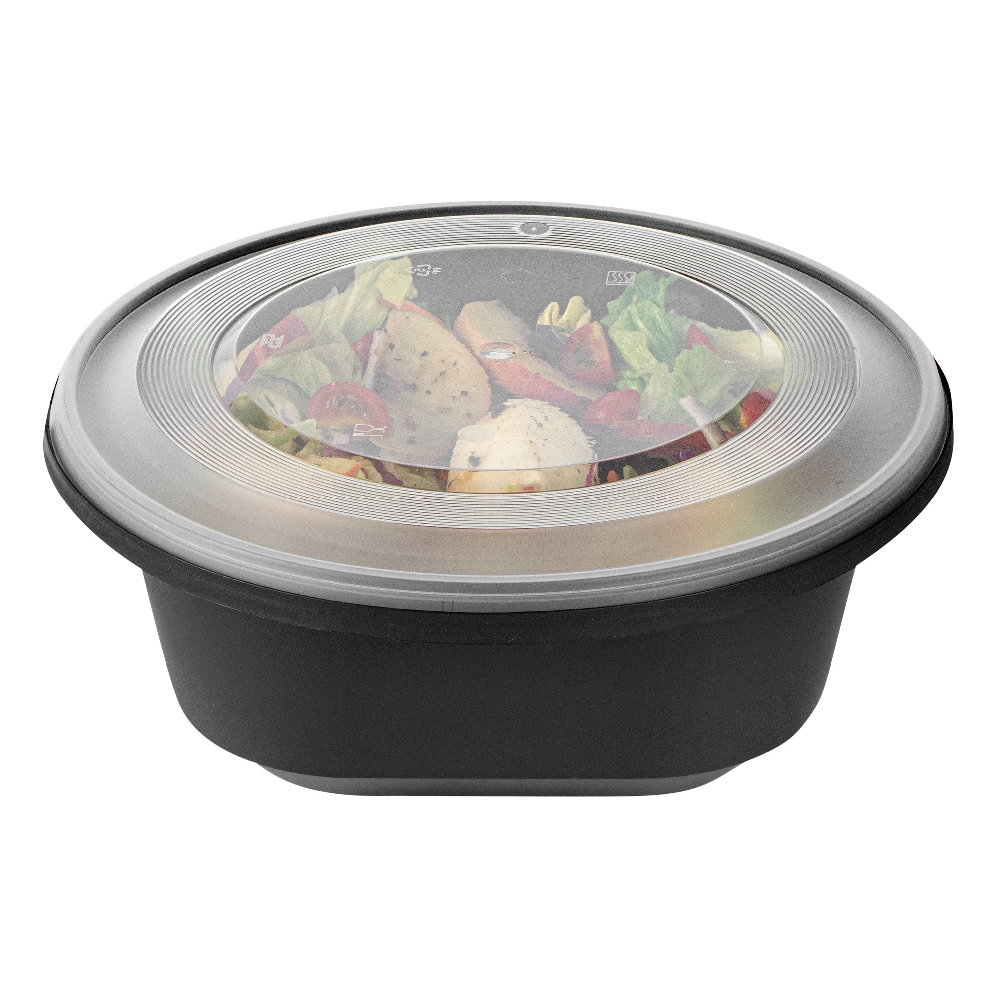 Cater Tek 85 oz Round Black Catering / Serving Bowl - with Clear Lid, Microwavable - 9 3/4" x 9 3/4" x 3 3/4" - 25 count box