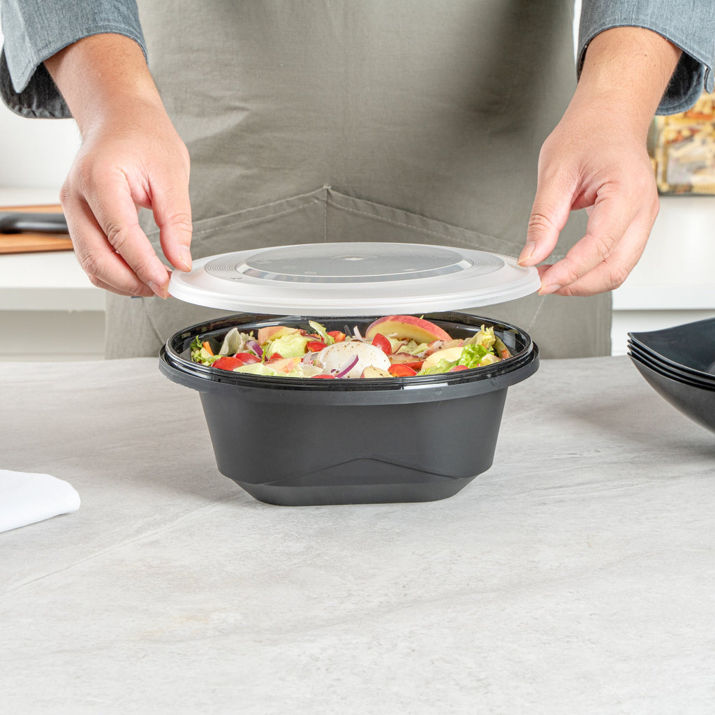 Cater Tek 85 oz Round Black Catering / Serving Bowl - with Clear Lid, Microwavable - 9 3/4" x 9 3/4" x 3 3/4" - 25 count box