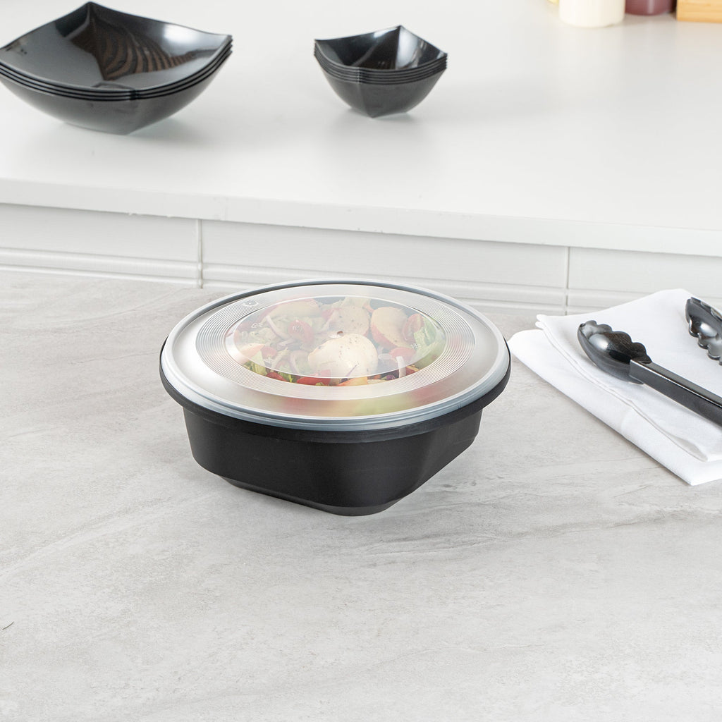 Cater Tek 85 oz Round Black Catering / Serving Bowl - with Clear Lid, Microwavable - 9 3/4" x 9 3/4" x 3 3/4" - 25 count box