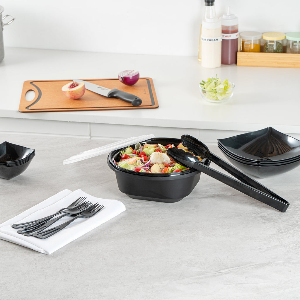 Cater Tek 85 oz Round Black Catering / Serving Bowl - with Clear Lid, Microwavable - 9 3/4" x 9 3/4" x 3 3/4" - 100 count box