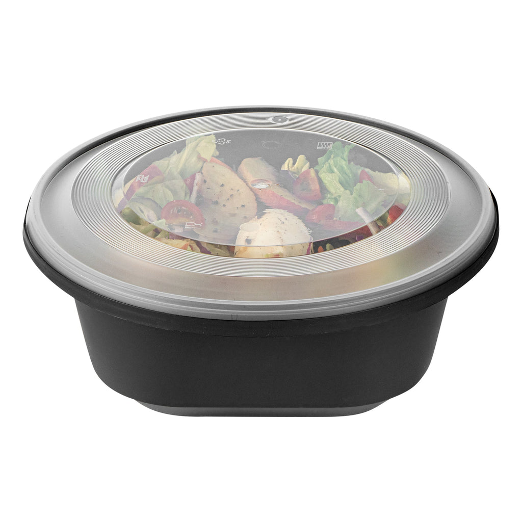 Cater Tek 85 oz Round Black Catering / Serving Bowl - with Clear Lid, Microwavable - 9 3/4" x 9 3/4" x 3 3/4" - 100 count box