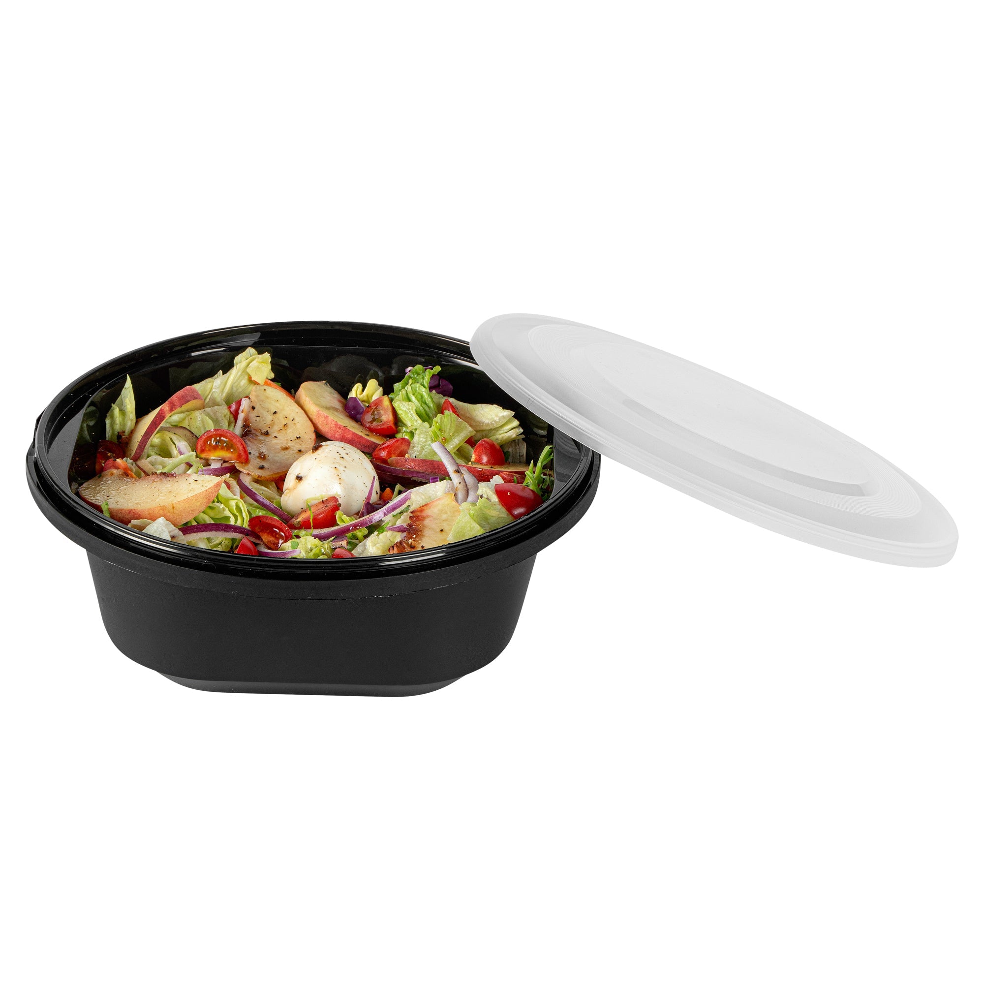 Cater Tek 85 oz Round Black Catering / Serving Bowl - with Clear Lid, Microwavable - 9 3/4" x 9 3/4" x 3 3/4" - 100 count box