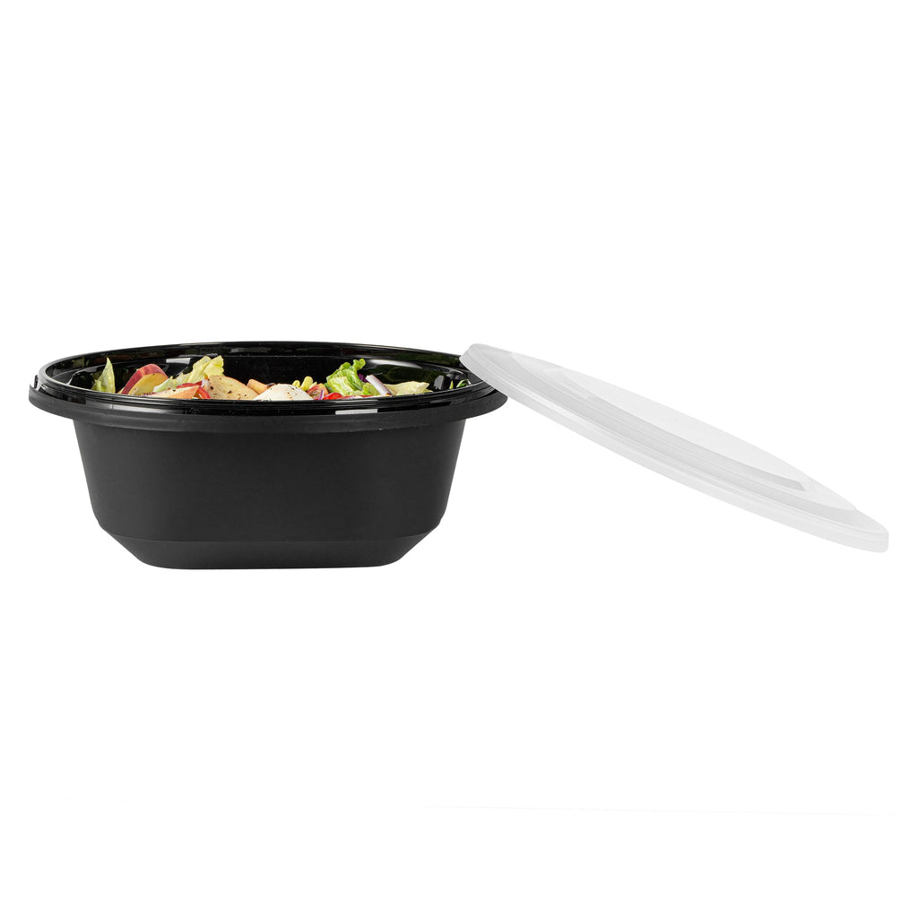Cater Tek 85 oz Round Black Catering / Serving Bowl - with Clear Lid, Microwavable - 9 3/4" x 9 3/4" x 3 3/4" - 100 count box