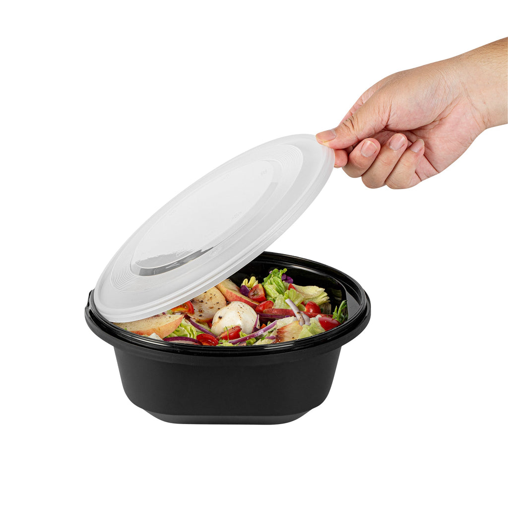 Cater Tek 85 oz Round Black Catering / Serving Bowl - with Clear Lid, Microwavable - 9 3/4" x 9 3/4" x 3 3/4" - 100 count box