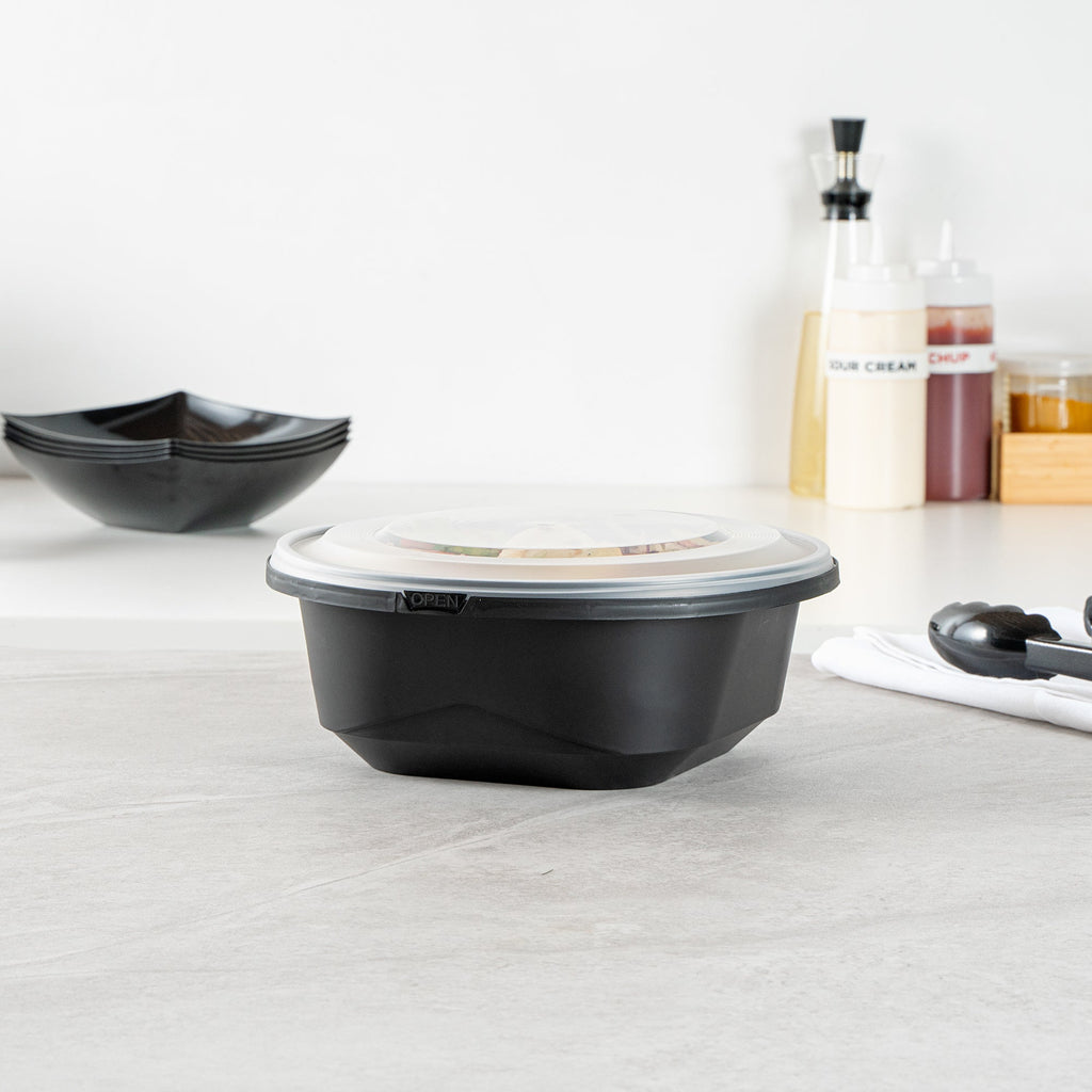 Cater Tek 85 oz Round Black Catering / Serving Bowl - with Clear Lid, Microwavable - 9 3/4" x 9 3/4" x 3 3/4" - 100 count box