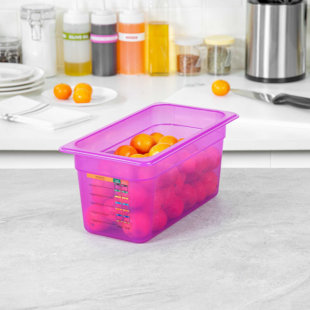 Met Lux Purple Allergen-Free Polypropylene 1/3 Size Food Pan - 6" Deep, with Label - 1 count box