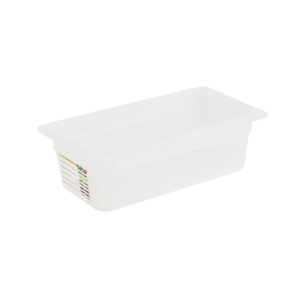 Met Lux Rectangle White Polypropylene 1/3 Size Food Pan - 4" Deep, with Label - 1 count box