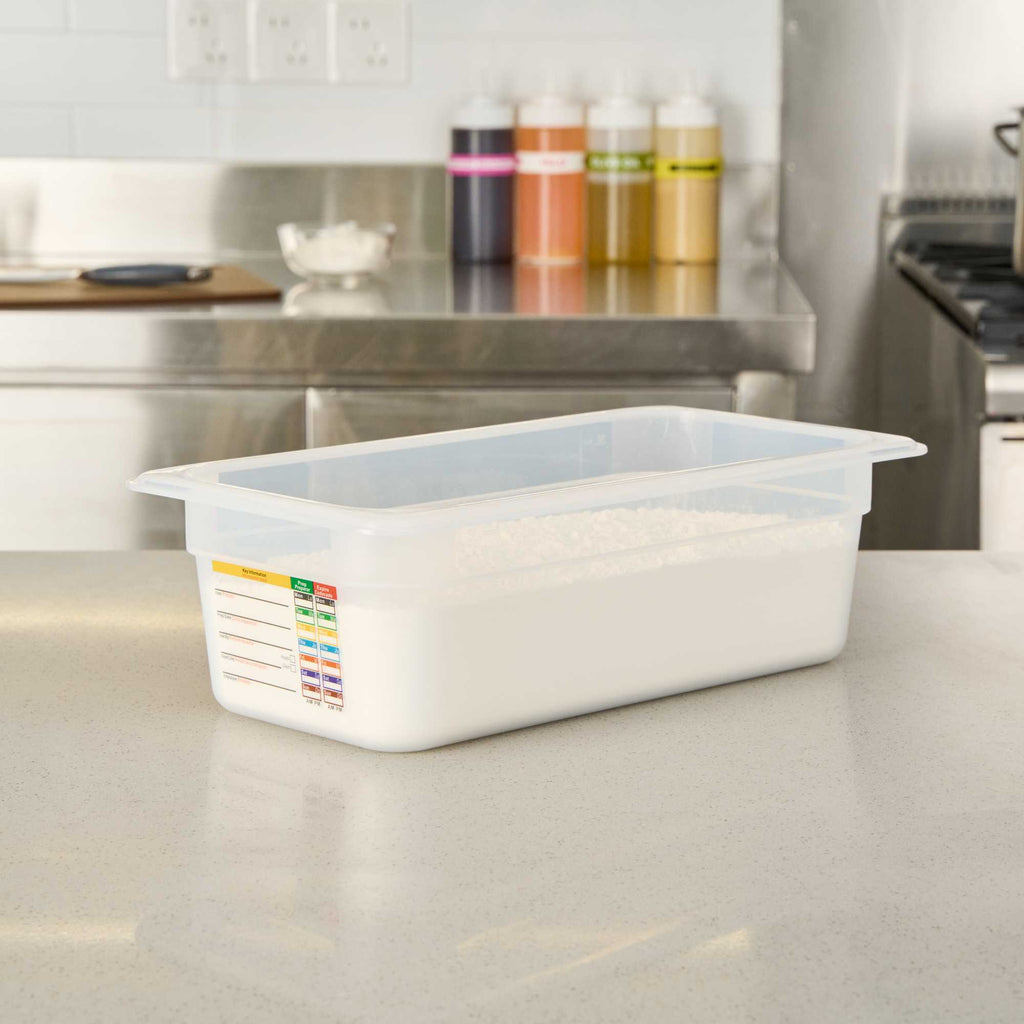 Met Lux Rectangle White Polypropylene 1/3 Size Food Pan - 4" Deep, with Label - 1 count box