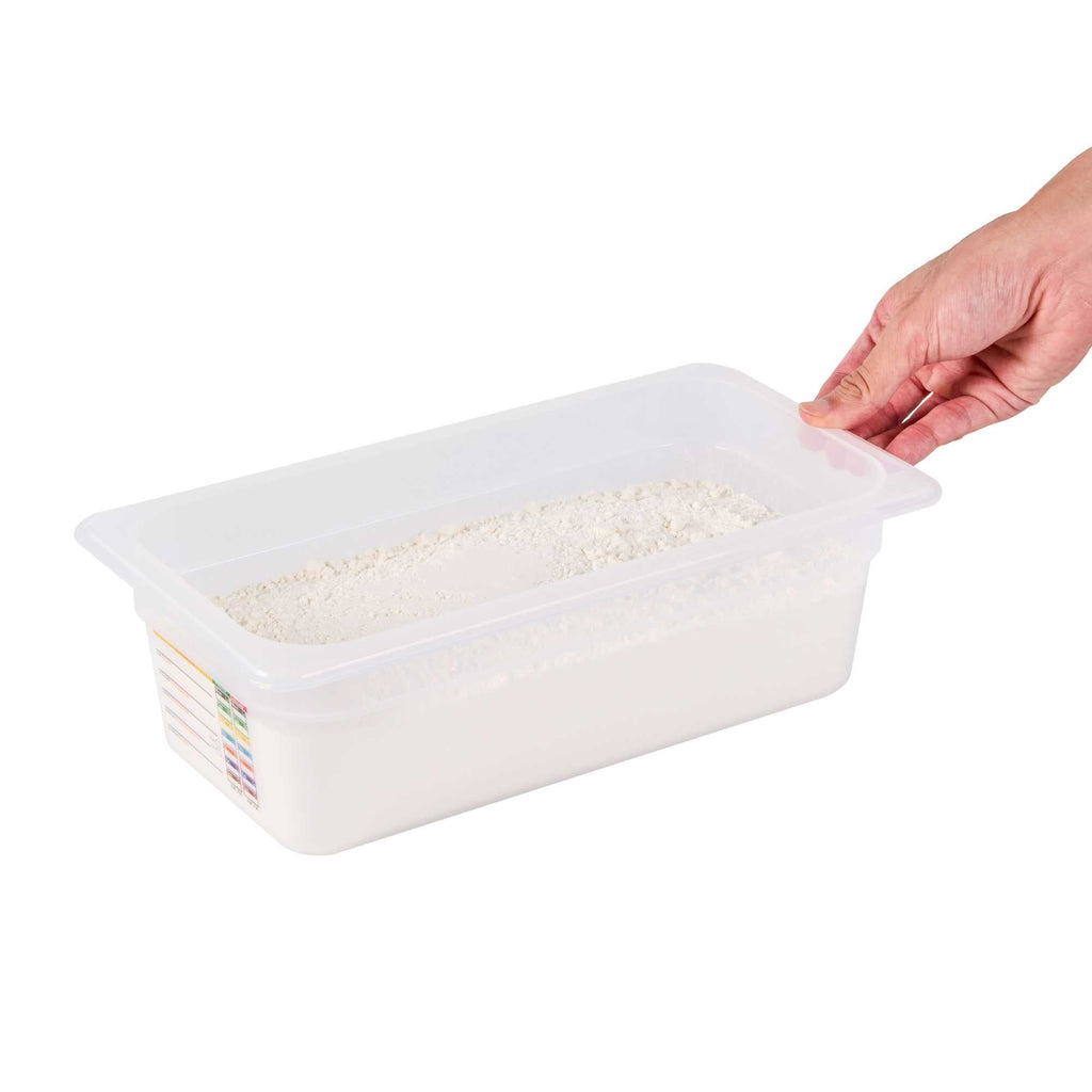 Met Lux Rectangle White Polypropylene 1/3 Size Food Pan - 4" Deep, with Label - 1 count box