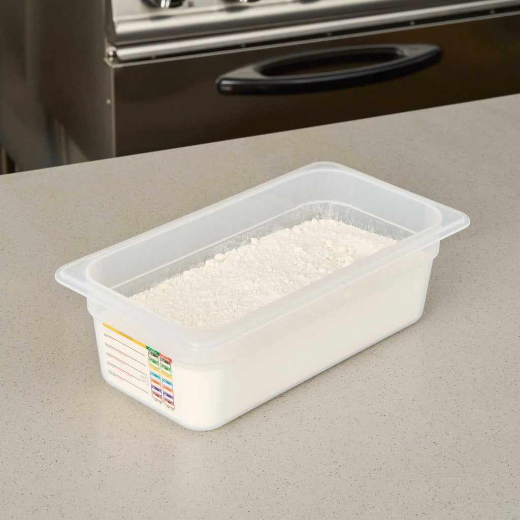 Met Lux Rectangle White Polypropylene 1/3 Size Food Pan - 4" Deep, with Label - 1 count box
