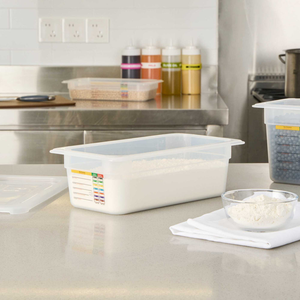 Met Lux Rectangle White Polypropylene 1/3 Size Food Pan - 4" Deep, with Label - 1 count box