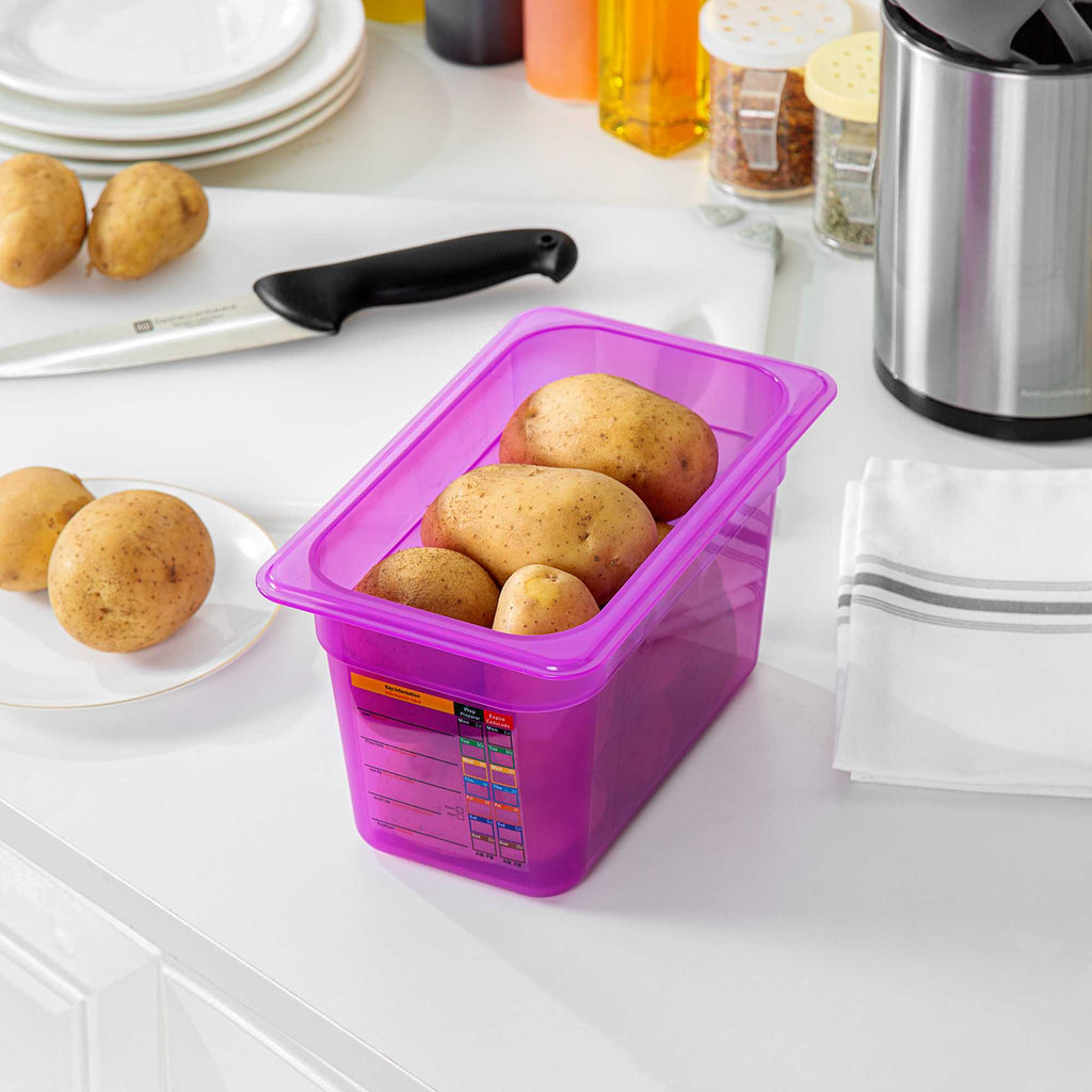 Met Lux Purple Allergen-Free Polypropylene 1/4 Size Food Pan - 6" Deep, with Label - 10 count box