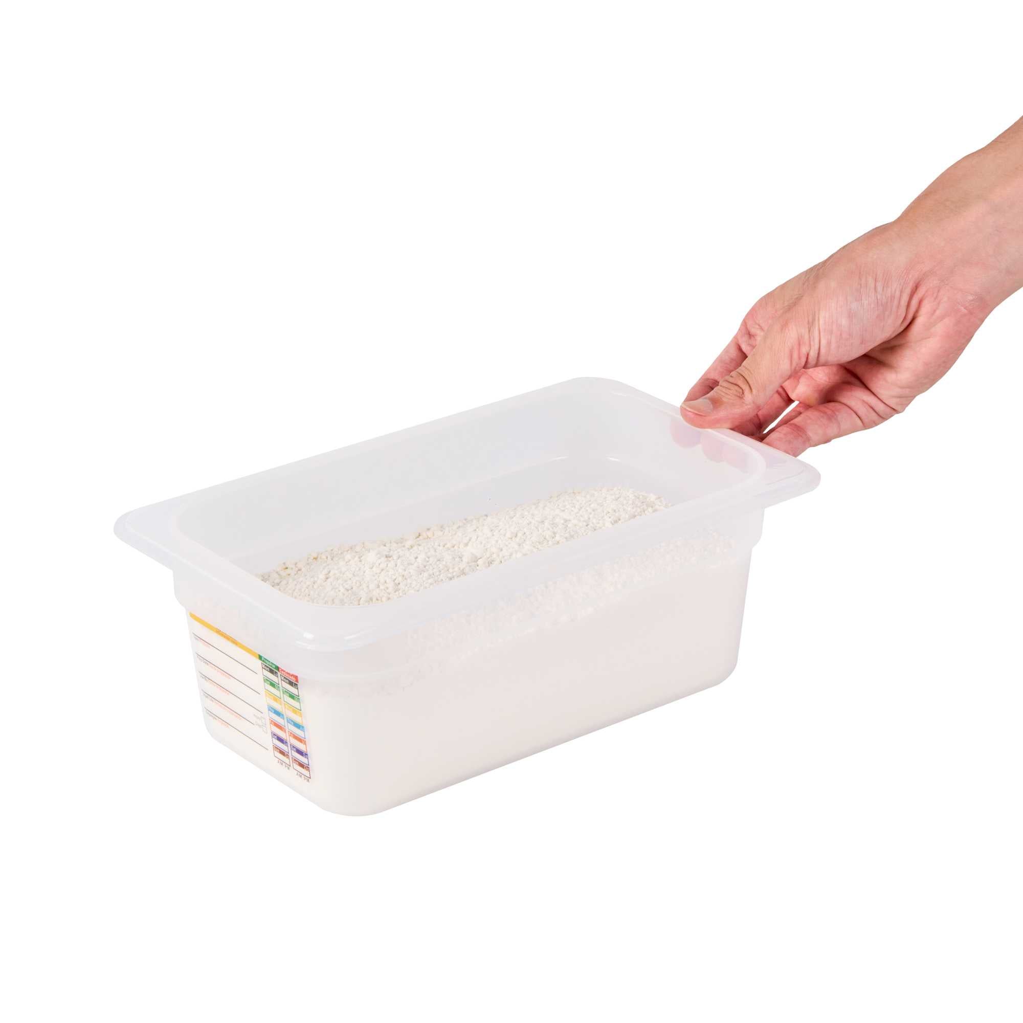 Met Lux Rectangle White Polypropylene 1/4 Size Food Pan - 4" Deep, with Label - 1 count box