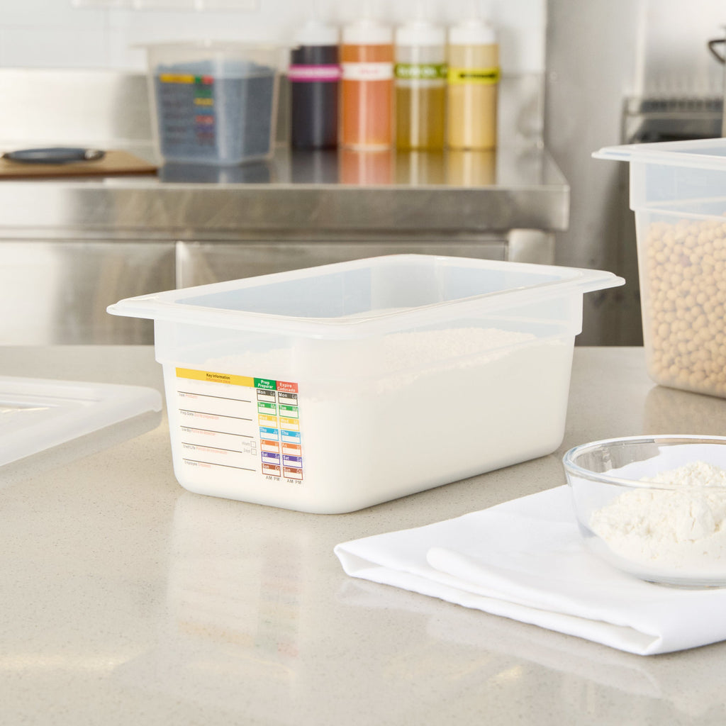 Met Lux Rectangle White Polypropylene 1/4 Size Food Pan - 4" Deep, with Label - 10 count box