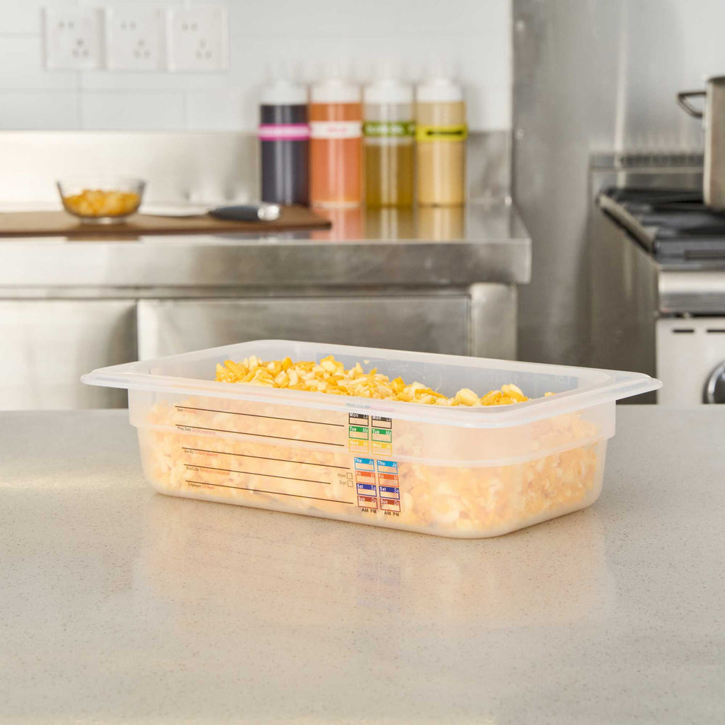 Met Lux Rectangle White Polypropylene 1/4 Size Food Pan - 2.5" Deep, with Label - 1 count box