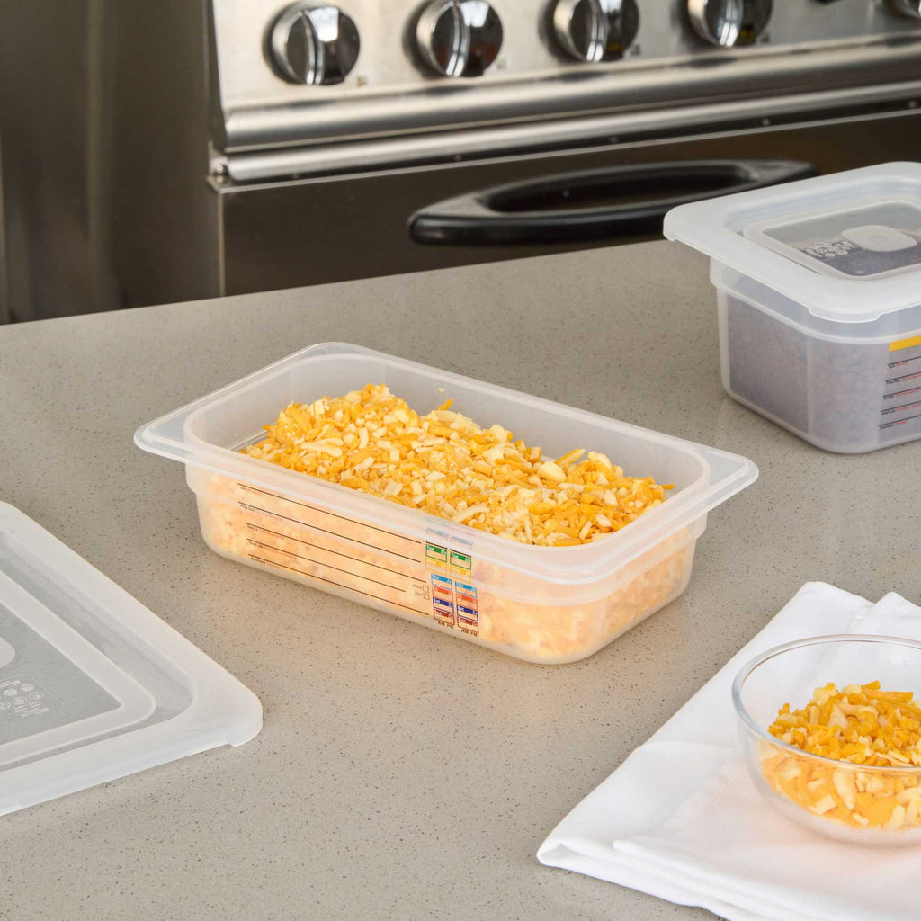 Met Lux Rectangle White Polypropylene 1/4 Size Food Pan - 2.5" Deep, with Label - 1 count box