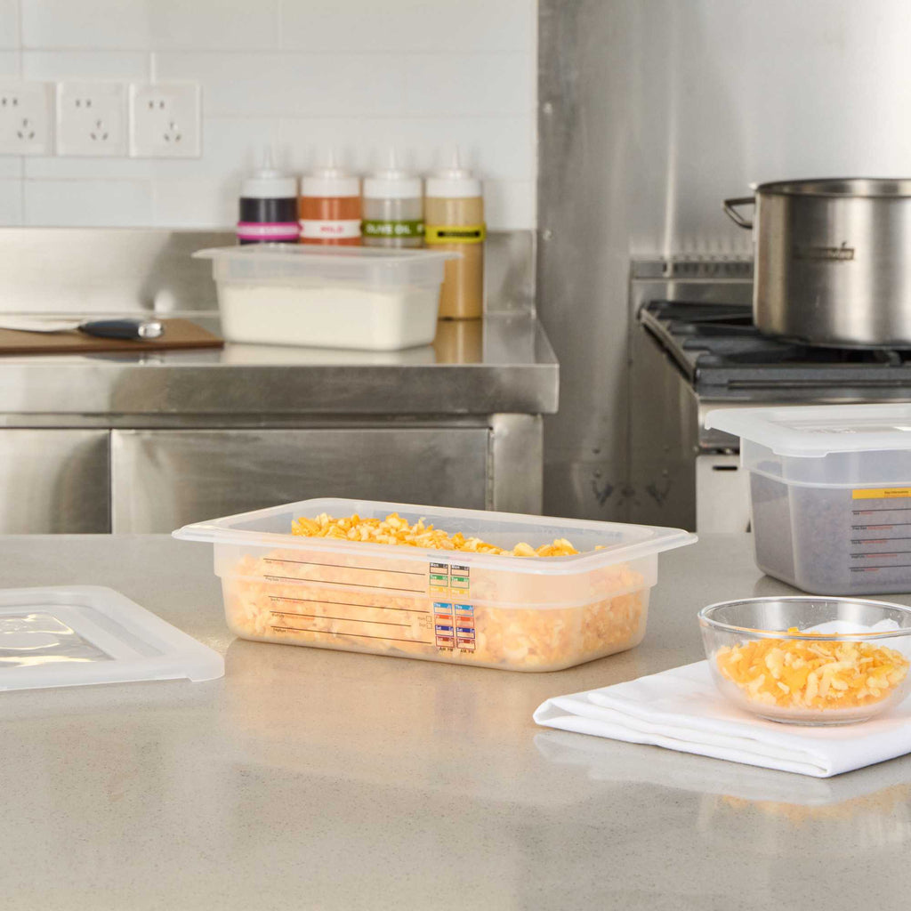 Met Lux Rectangle White Polypropylene 1/4 Size Food Pan - 2.5" Deep, with Label - 1 count box