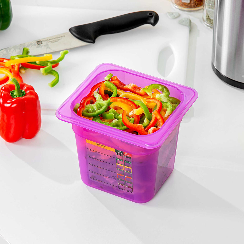 Met Lux Purple Allergen-Free Polypropylene 1/6 Size Food Pan - 6" Deep, with Label - 10 count box