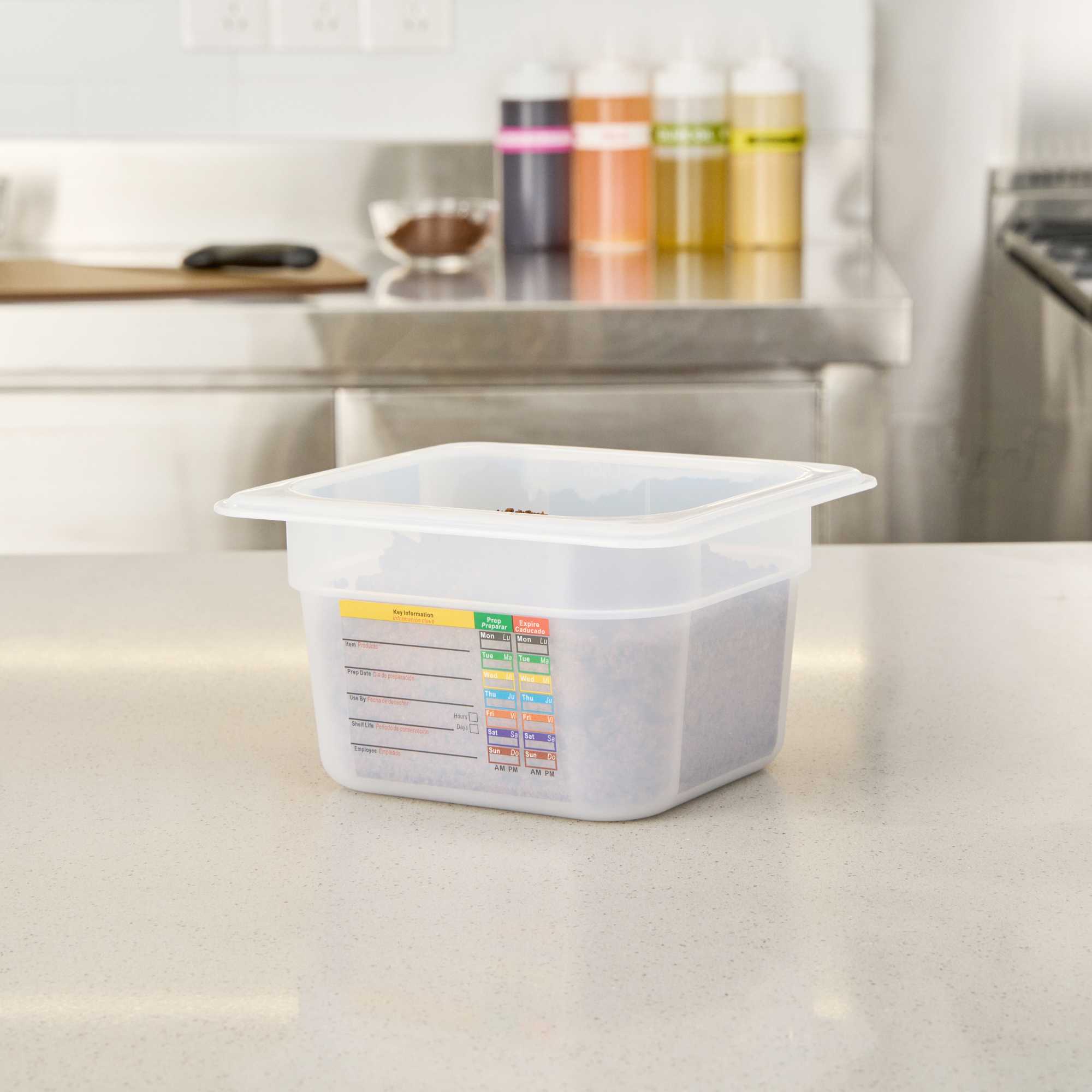 Met Lux Square White Polypropylene 1/6 Size Food Pan - 4" Deep, with Label - 6 3/4" x 6 1/4" x 4" - 1 count box