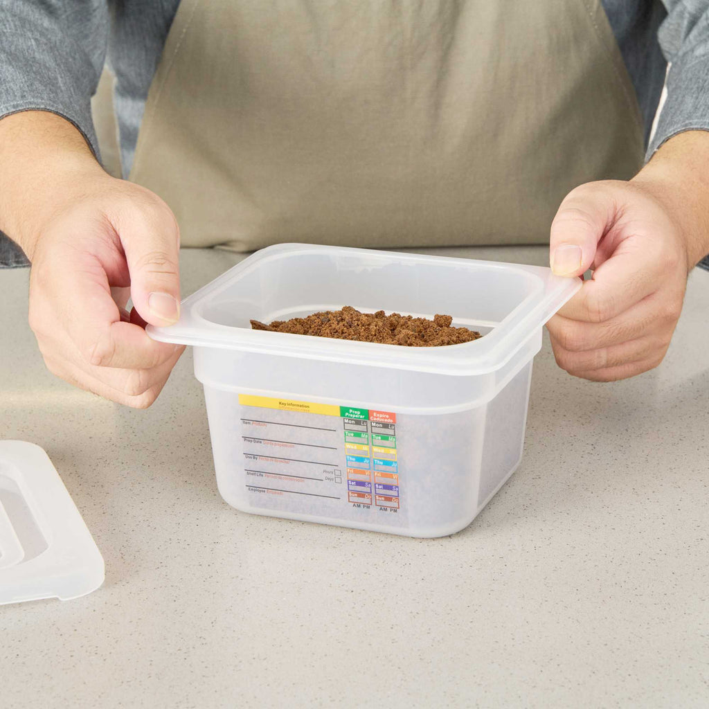 Met Lux Square White Polypropylene 1/6 Size Food Pan - 4" Deep, with Label - 6 3/4" x 6 1/4" x 4" - 1 count box