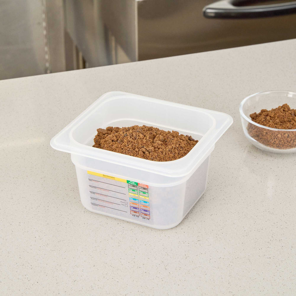 Met Lux Square White Polypropylene 1/6 Size Food Pan - 4" Deep, with Label - 6 3/4" x 6 1/4" x 4" - 1 count box