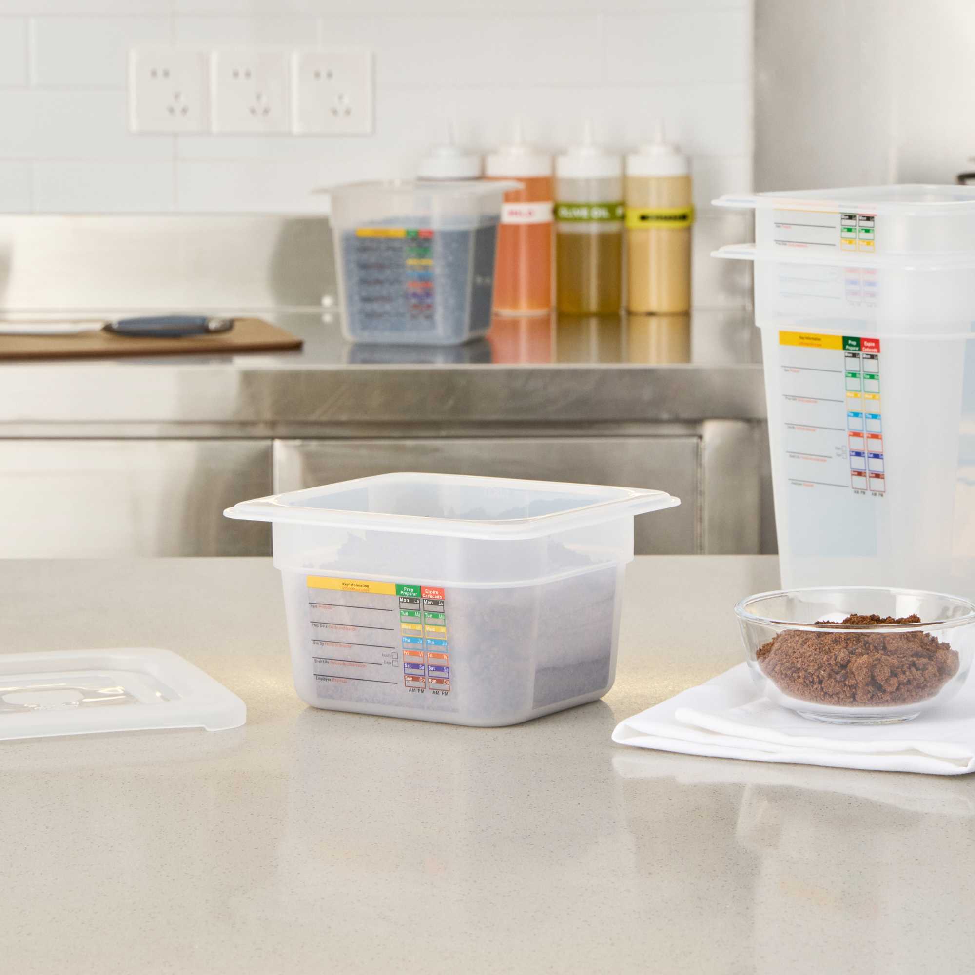 Met Lux Square White Polypropylene 1/6 Size Food Pan - 4" Deep, with Label - 6 3/4" x 6 1/4" x 4" - 1 count box