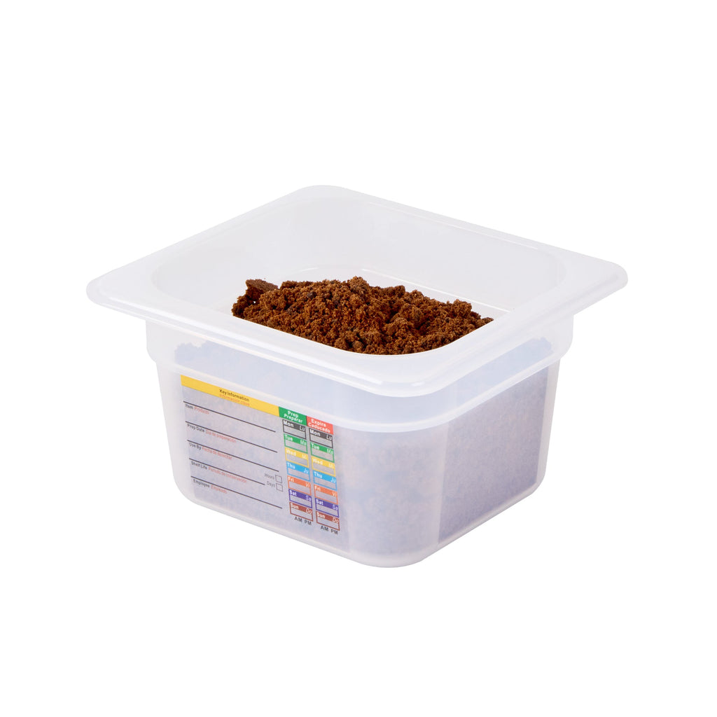 Met Lux Square White Polypropylene 1/6 Size Food Pan - 4" Deep, with Label - 6 3/4" x 6 1/4" x 4" - 10 count box