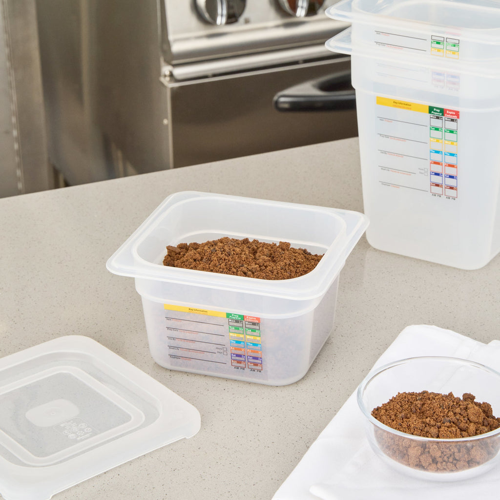 Met Lux Square White Polypropylene 1/6 Size Food Pan - 4" Deep, with Label - 6 3/4" x 6 1/4" x 4" - 10 count box