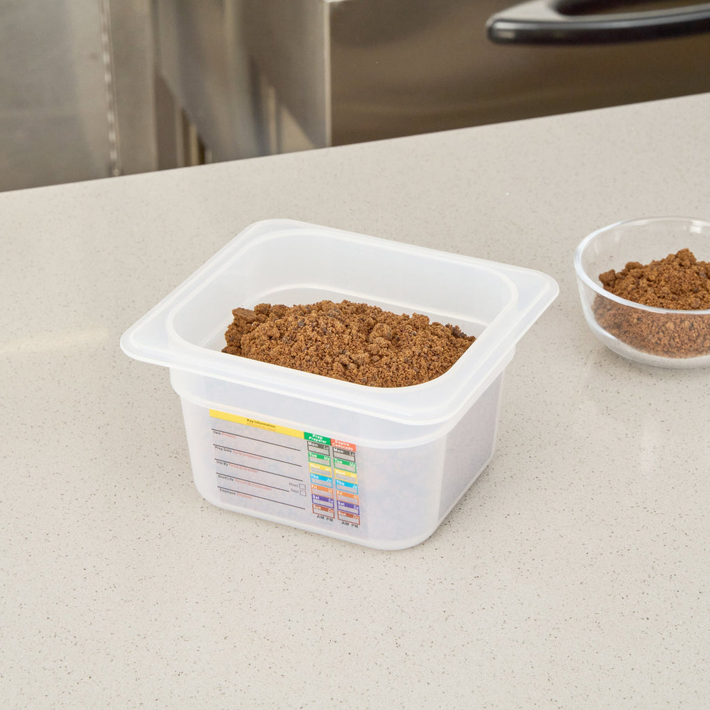 Met Lux Square White Polypropylene 1/6 Size Food Pan - 4" Deep, with Label - 6 3/4" x 6 1/4" x 4" - 10 count box