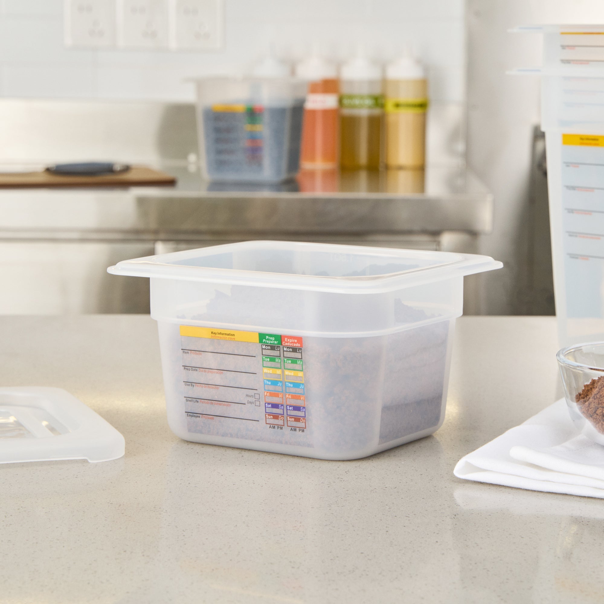 Met Lux Square White Polypropylene 1/6 Size Food Pan - 4" Deep, with Label - 6 3/4" x 6 1/4" x 4" - 10 count box