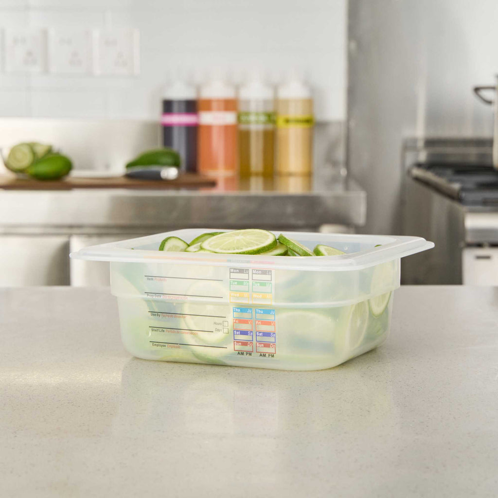 Met Lux Square White Polypropylene 1/6 Size Food Pan - 2.5" Deep, with Label - 6 3/4" x 6 1/4" x 2 1/2" - 1 count box
