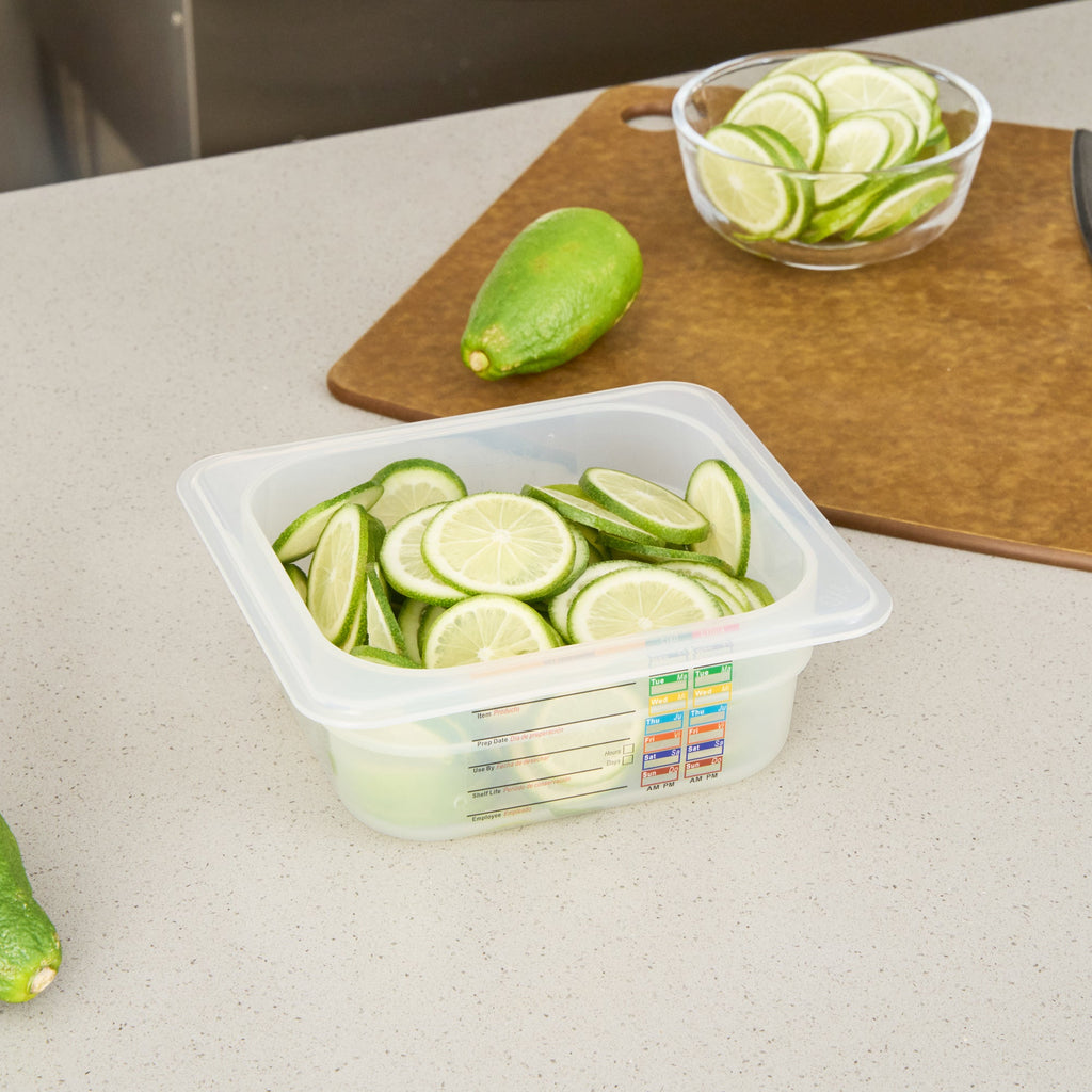 Met Lux Square White Polypropylene 1/6 Size Food Pan - 2.5" Deep, with Label - 6 3/4" x 6 1/4" x 2 1/2" - 10 count box