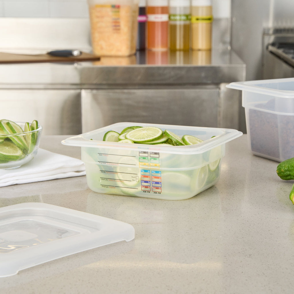 Met Lux Square White Polypropylene 1/6 Size Food Pan - 2.5" Deep, with Label - 6 3/4" x 6 1/4" x 2 1/2" - 10 count box
