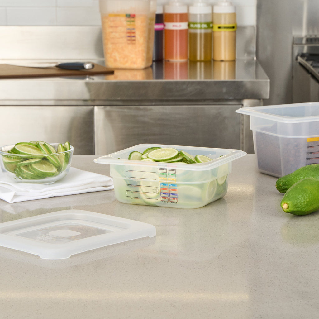 Met Lux Square White Polypropylene 1/6 Size Food Pan - 2.5" Deep, with Label - 6 3/4" x 6 1/4" x 2 1/2" - 10 count box
