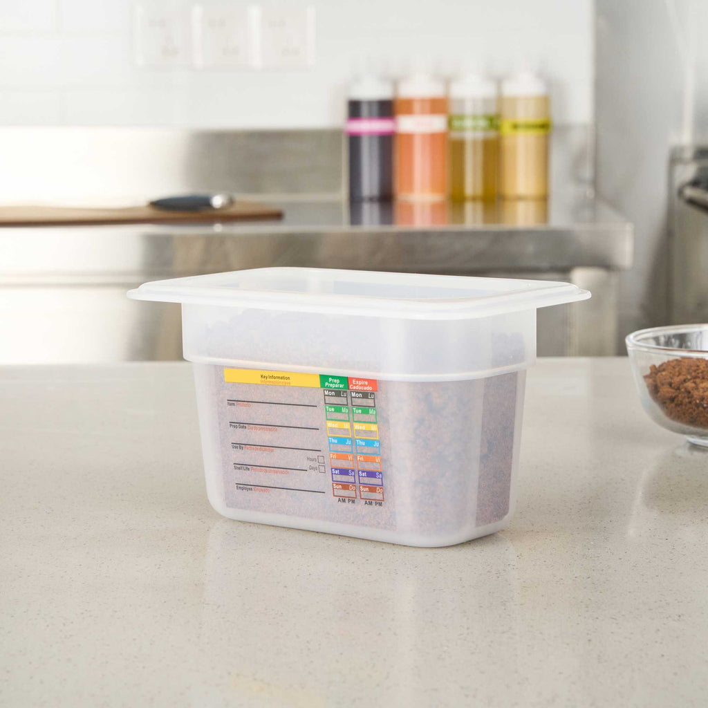 Met Lux Rectangle White Polypropylene 1/9 Size Food Pan - 4" Deep, with Label - 1 count box