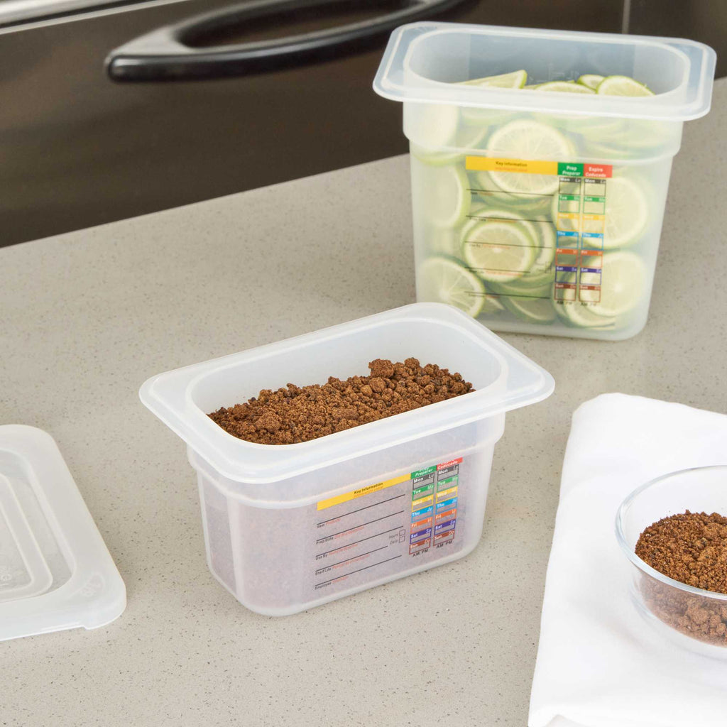 Met Lux Rectangle White Polypropylene 1/9 Size Food Pan - 4" Deep, with Label - 1 count box