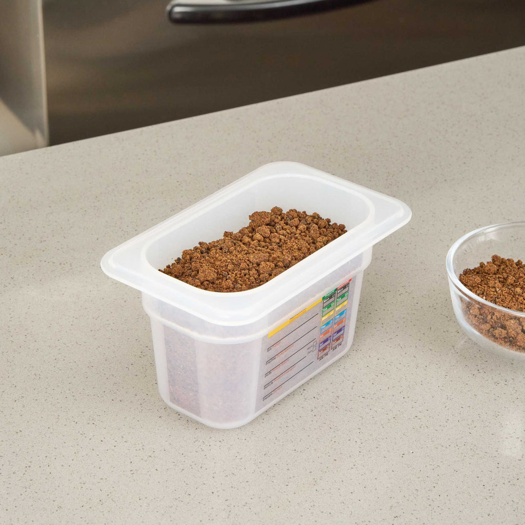 Met Lux Rectangle White Polypropylene 1/9 Size Food Pan - 4" Deep, with Label - 1 count box