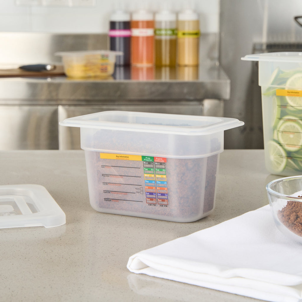 Met Lux Rectangle White Polypropylene 1/9 Size Food Pan - 4" Deep, with Label - 10 count box