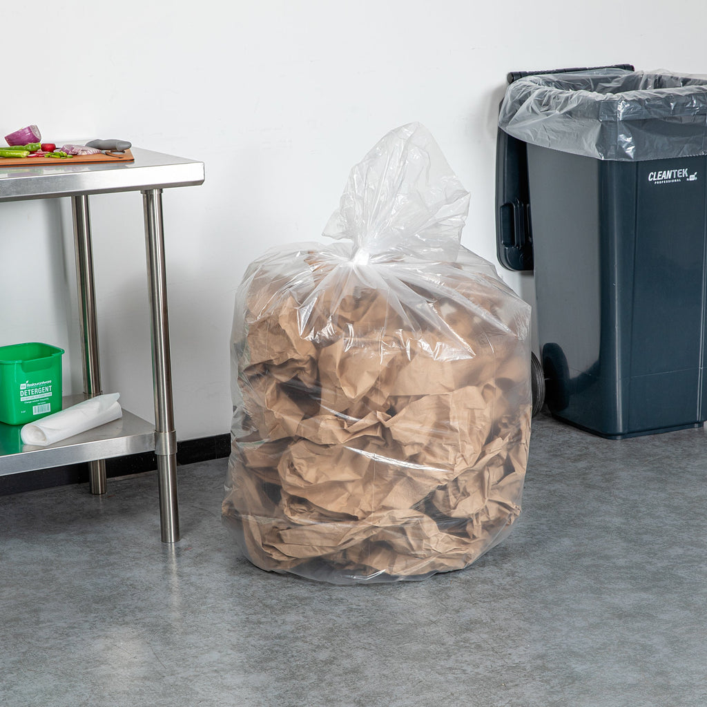 RW Clean 55 gal Clear Plastic Trash Can Liner - Light-Duty, 1 mil - 38" x 58" - 100 count box