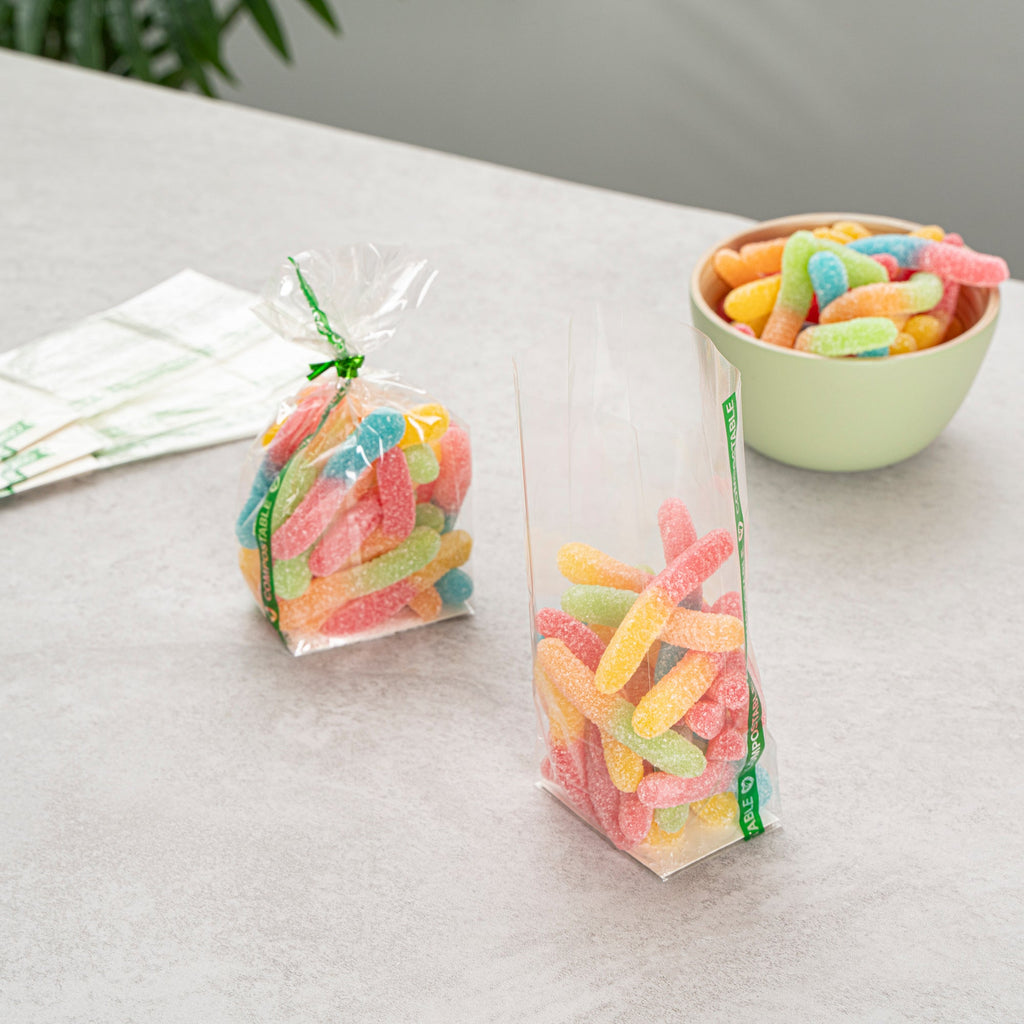 Basic Nature Clear Plastic Gusset Bag - Compostable, Paper Insert, Heat Sealable - 2" x 1 1/2" x 5" - 100 count box
