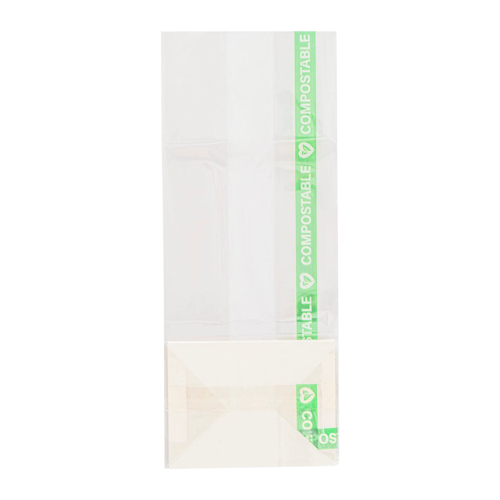 Basic Nature Clear Plastic Gusset Bag - Compostable, Paper Insert, Heat Sealable - 2" x 1 1/2" x 5" - 100 count box