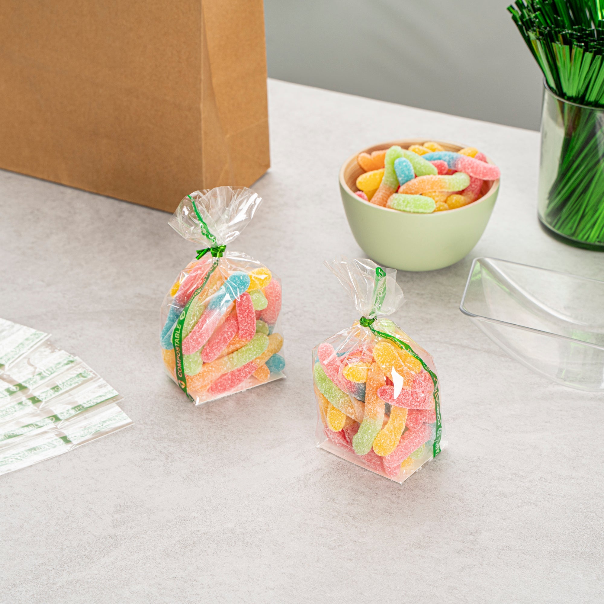 Basic Nature Clear Plastic Gusset Bag - Compostable, Paper Insert, Heat Sealable - 2" x 1 1/2" x 5" - 100 count box