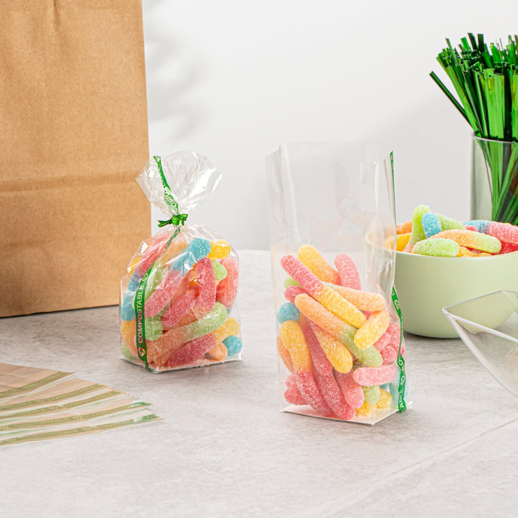 Basic Nature Clear Plastic Gusset Bag - Compostable, Paper Insert, Heat Sealable - 2" x 1 1/2" x 5" - 100 count box